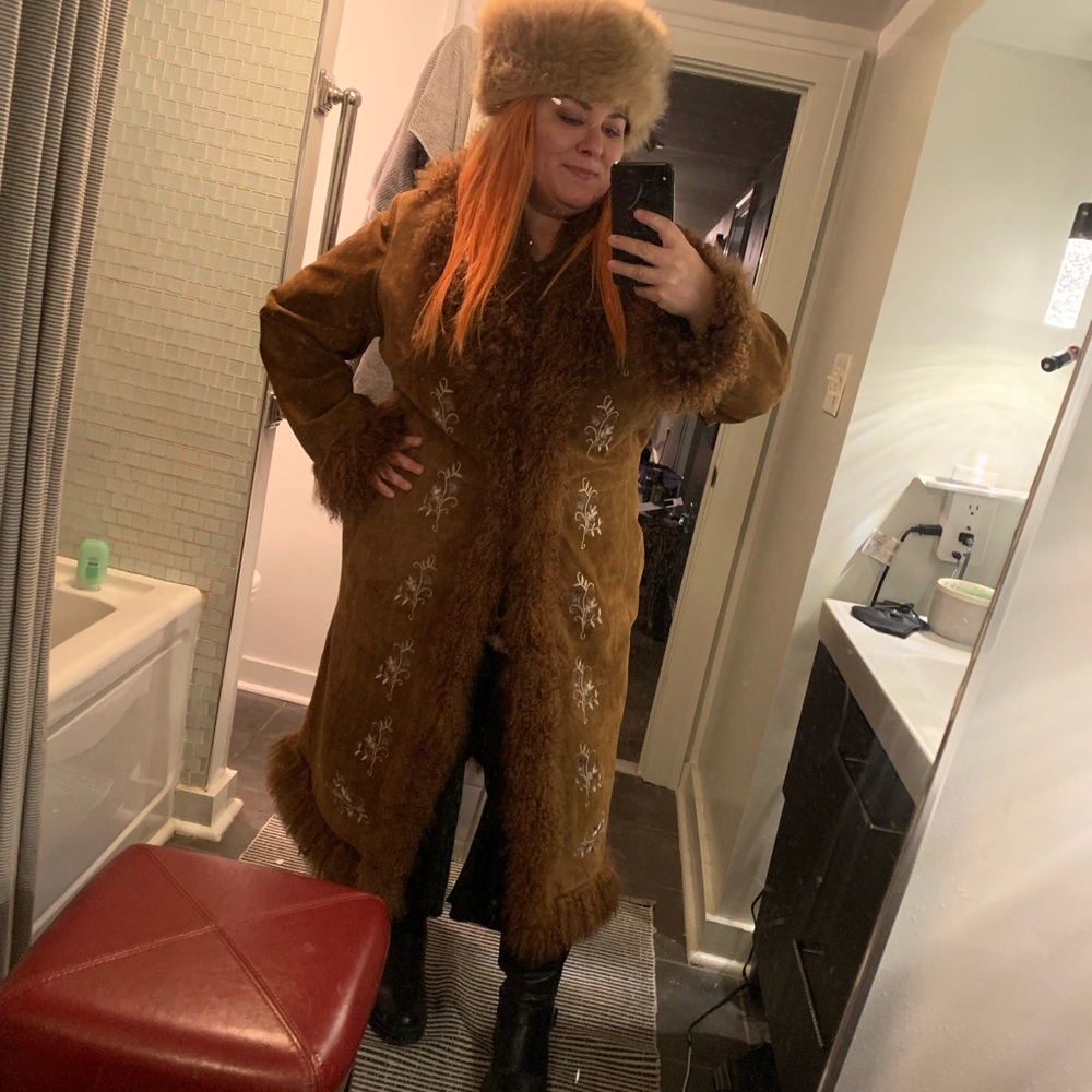 Vintage penny lane suede + Embroidered ginger rust brown Women's Coat - Picture 11 of 15